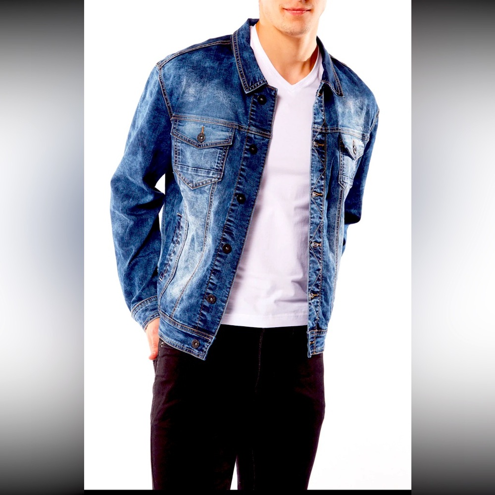 Slim Fit Classic Trucker Jean Jacket - Dark Blue Acid Wash.